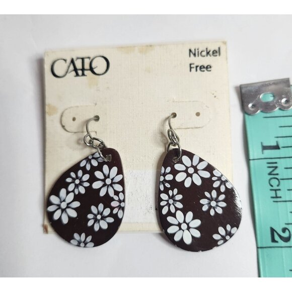 Cato Nickel-Free Brown & White Floral Tear Drop Earrings career neutral - Picture 3 of 3